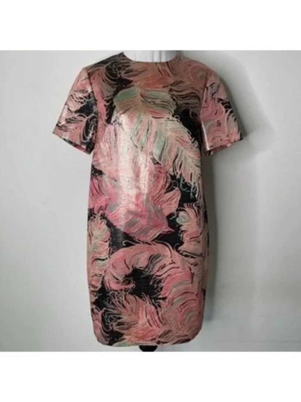 Kate Spade Regal Plumes Jacquard Dress Size 4 Metallic Pink Feather Shift Mini